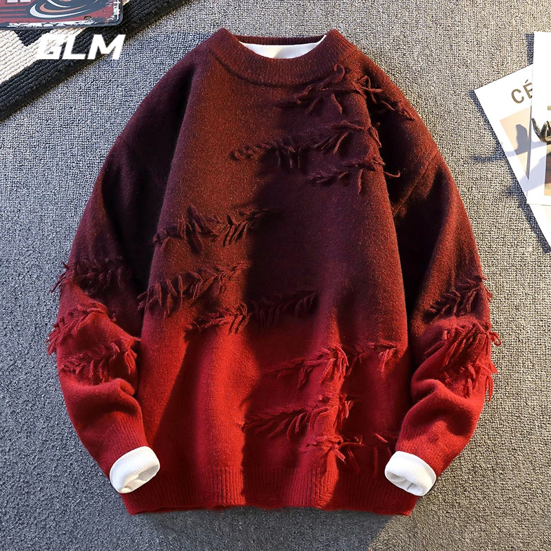 GLM秋冬季春节圆领保暖宽松大红渐变安哥拉本命蛇年新年红毛衣 男