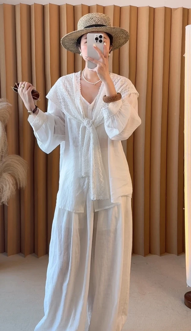 苎麻度假风假两件设计感长袖衬衫复古气质温柔