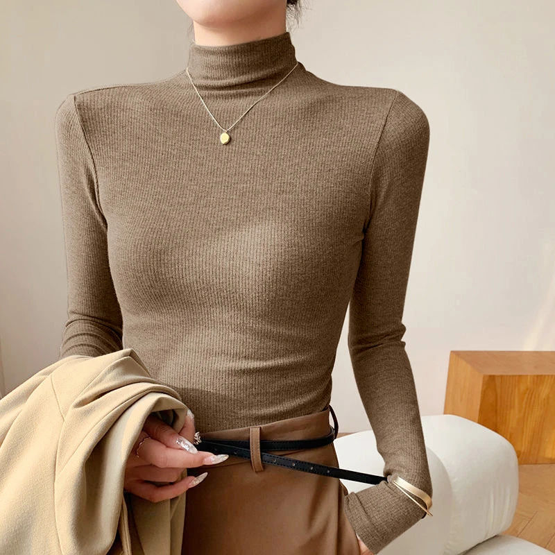 2025新款秋冬季半高领高级螺纹打底衫女显瘦百搭上衣胖MM女长袖