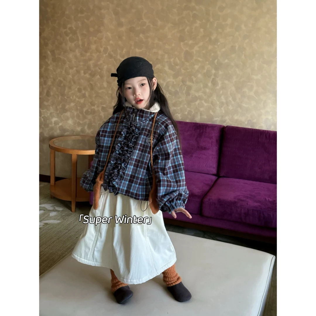 女童冬季新款韩版洋气花边设计加厚羊羔毛外套森系穿搭ins夹克衫