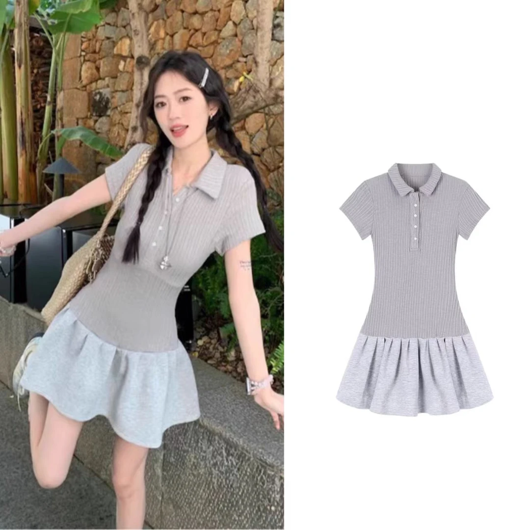 韩系灰色针织领短袖连衣裙女夏季修身收腰短裙小个子显瘦a字裙子