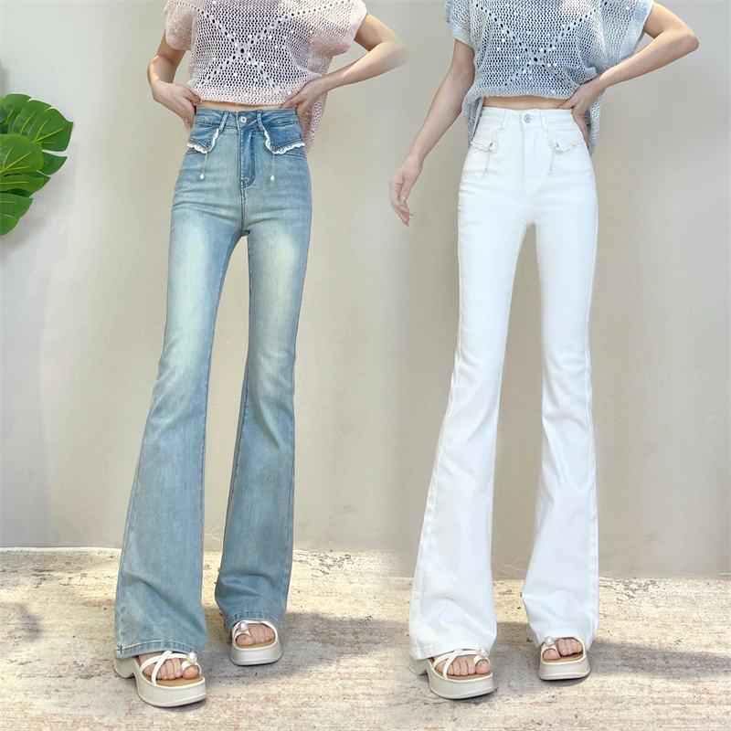 迪否蕾丝花边微喇裤2025夏季薄款修身显瘦高腰辣妹牛仔裤6073