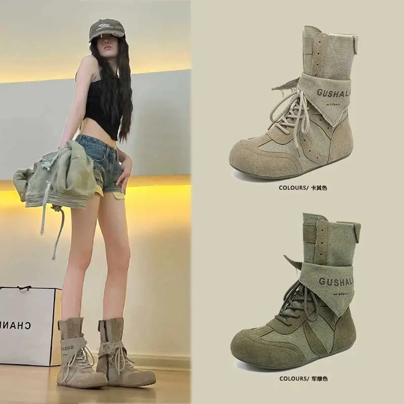 靴子夏季薄款马丁靴透气中筒短靴户外工装单靴内增高废土风鞋