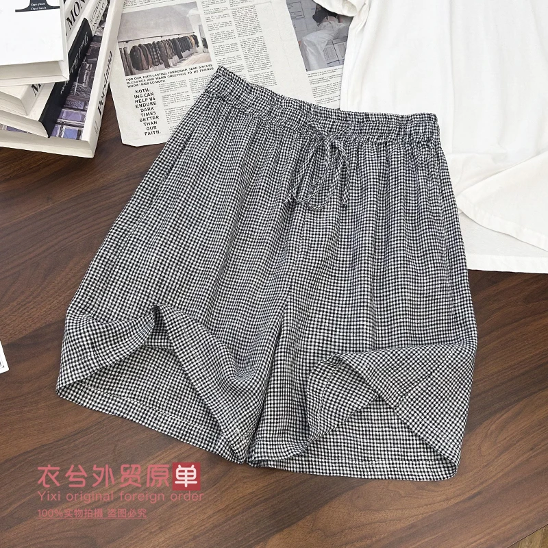 （衣兮日系小格亚麻五分裤）8692夏季松弛慵懒感抽绳系带休闲裤D