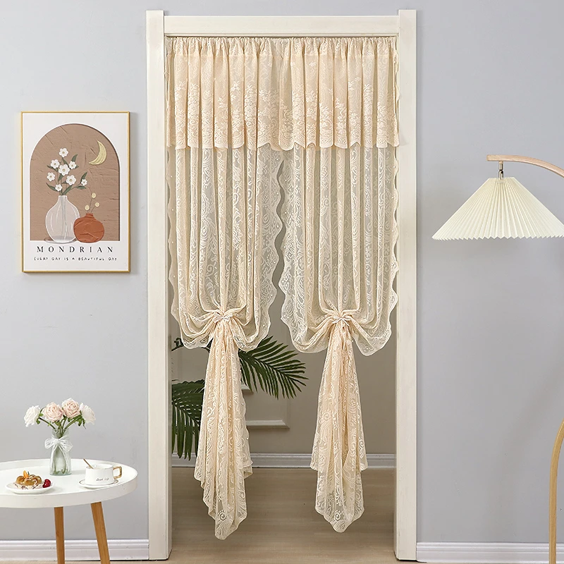 浪漫唯美法式门帘免打孔安装蕾丝提花卧室隔断帘透气防蚊钉珠纱帘