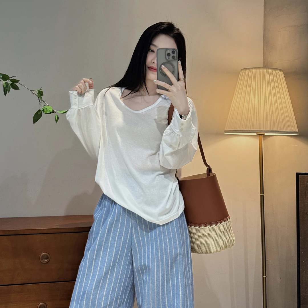 今婷韩系休闲百搭2025新款时尚纯色内搭长袖大版T恤-J25201338
