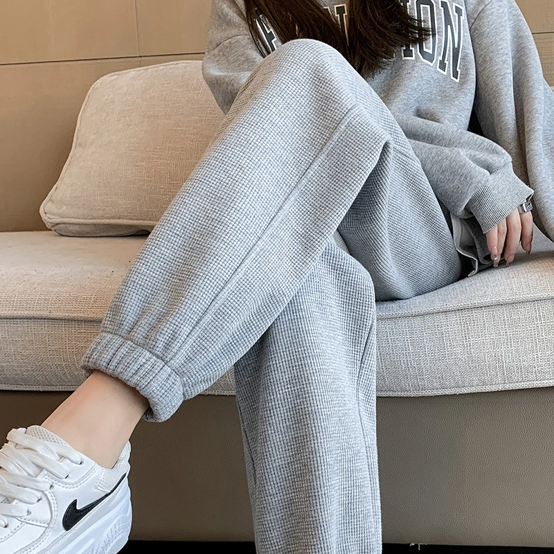 华夫格卫裤女2025年春季新款宽松高腰加绒休闲裤子灰色显瘦运动裤