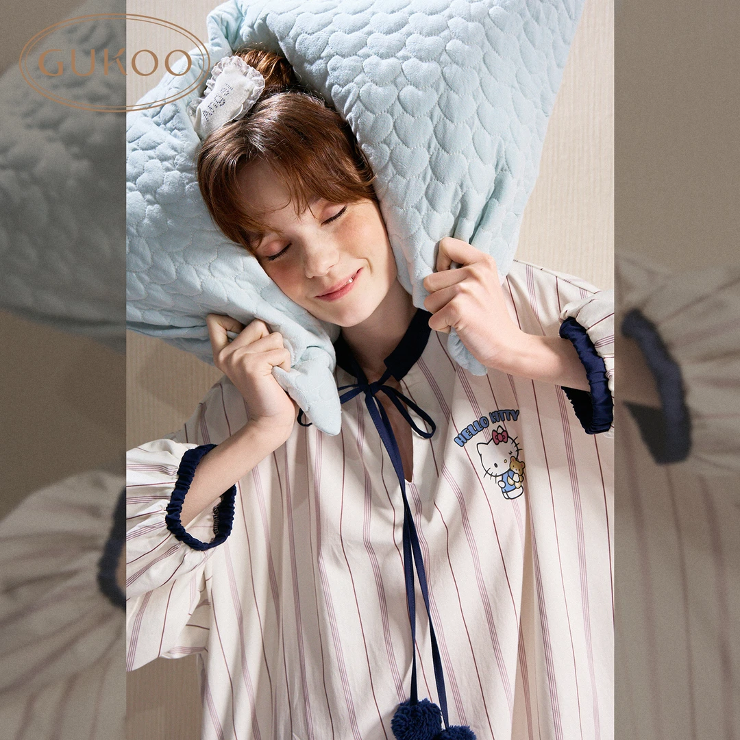 Gukoo/果壳三丽鸥hellokitty联名条纹女士家居服长袖睡裙