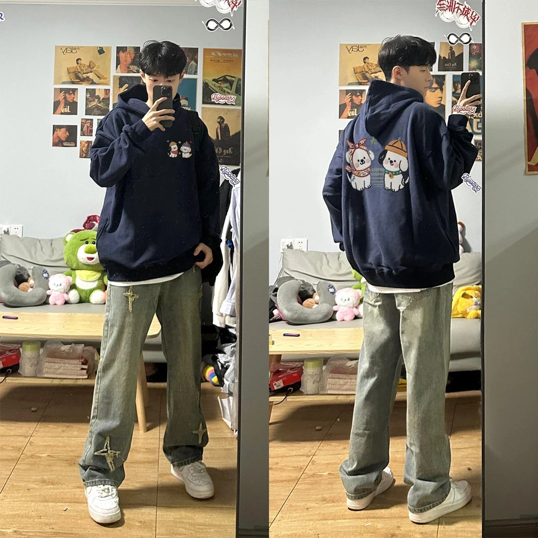 WASSUP HSUBE休闲卫衣印花长袖秋冬美式宽松卡通潮流小狗情侣上衣