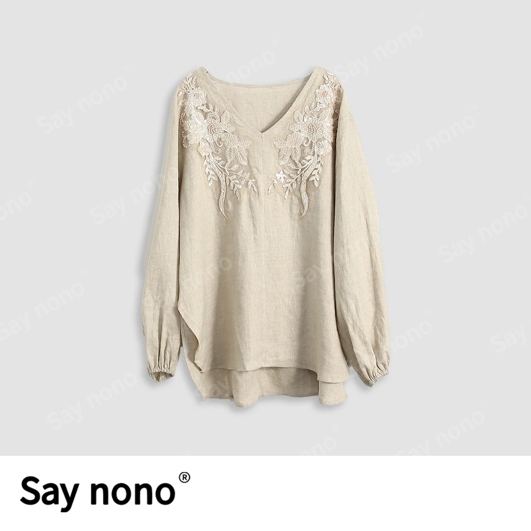 懒猫nono│Saynono 100亚麻气质V领上衣/ZC9717
