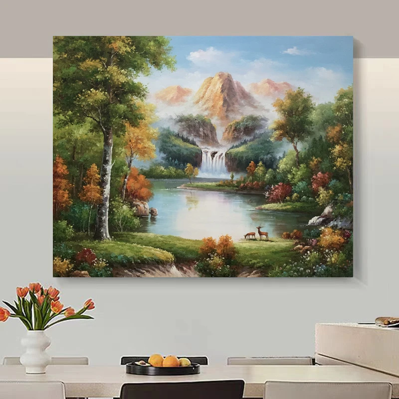 《瀑下鹿影》50*60含内框，刘春建手绘油画装饰画，客厅背景墙挂画