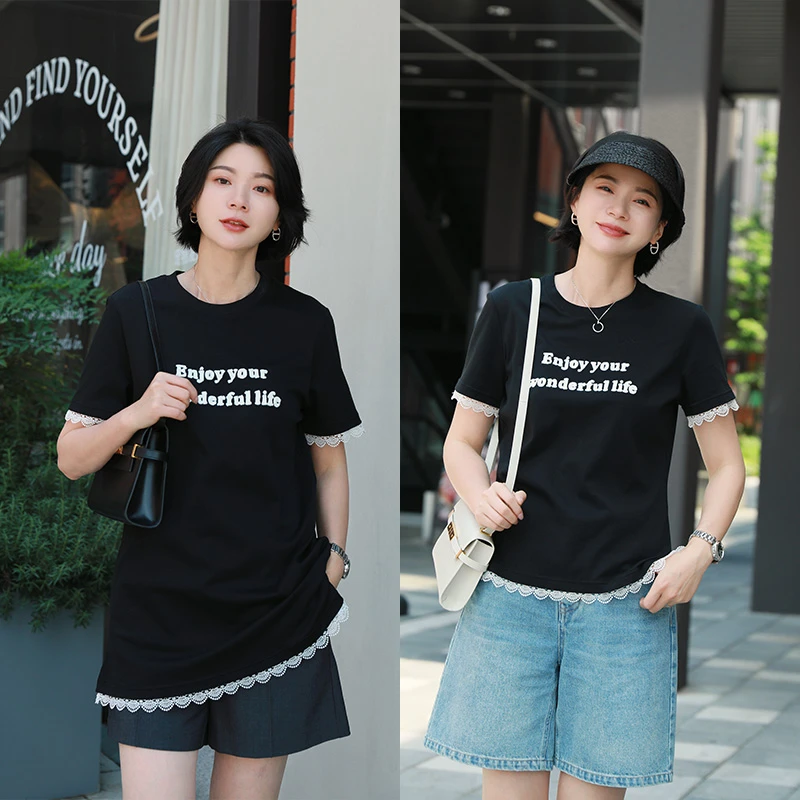 AMYMOORE艾莫尔女装2025年夏T恤短袖黑色纯棉蕾丝时尚休闲321222