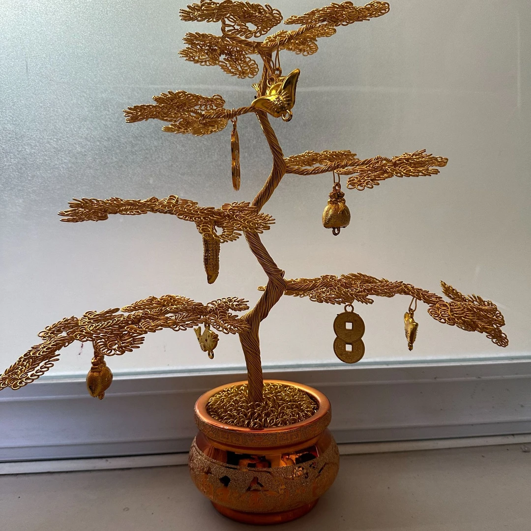 发财树手工编织铝线中式创意金色摆设发财树摆件工艺品