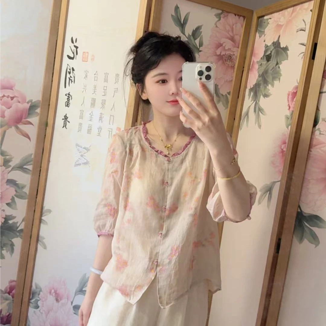 A172 国风中式木耳领苎麻上衣女2025夏季新款时尚百搭衬衣衬衫