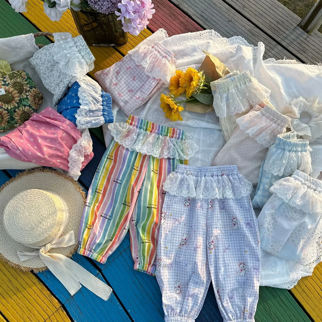 女童花边长裤韩系儿童卫裤女宝宝洋气甜美蕾丝假两件防蚊束脚裤夏