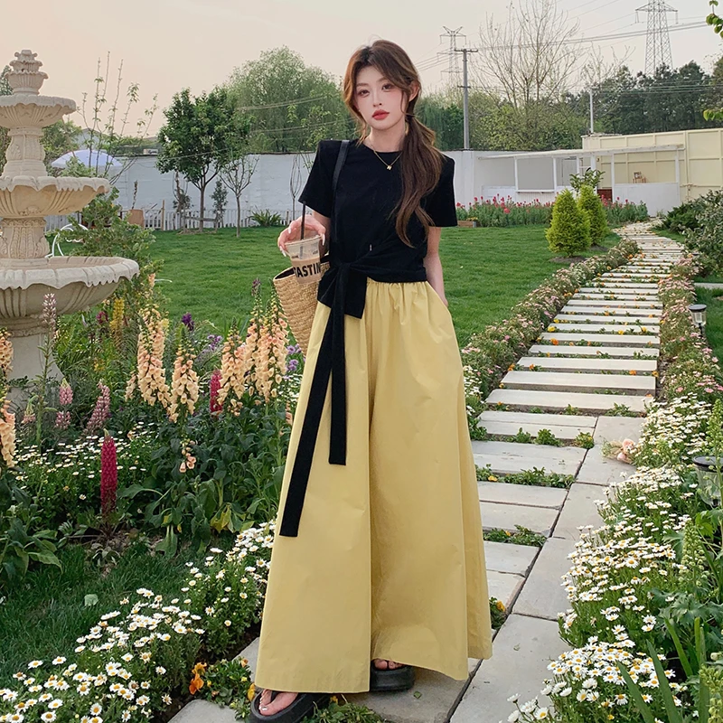 气质慵懒风一整套穿搭女2025夏新款时尚系带显瘦短袖阔腿裤两件套