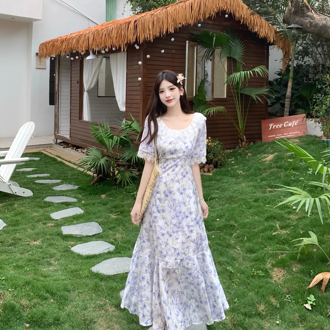 2025法式紫色碎花漂亮独特连衣裙大码女胖mm梨型身材夏日新款长裙