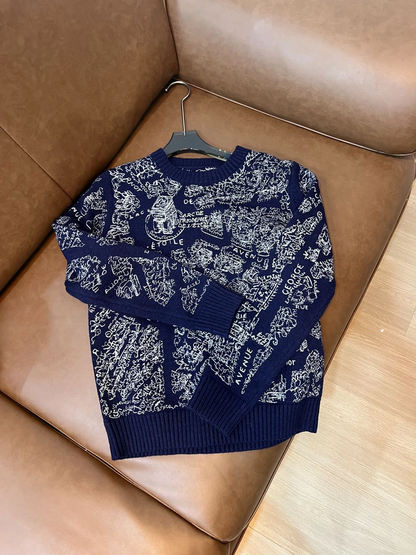 秋冬慵懒撞色粗条前后穿高冷宽松针织毛衣长袖毛衫蓝色时尚休闲33