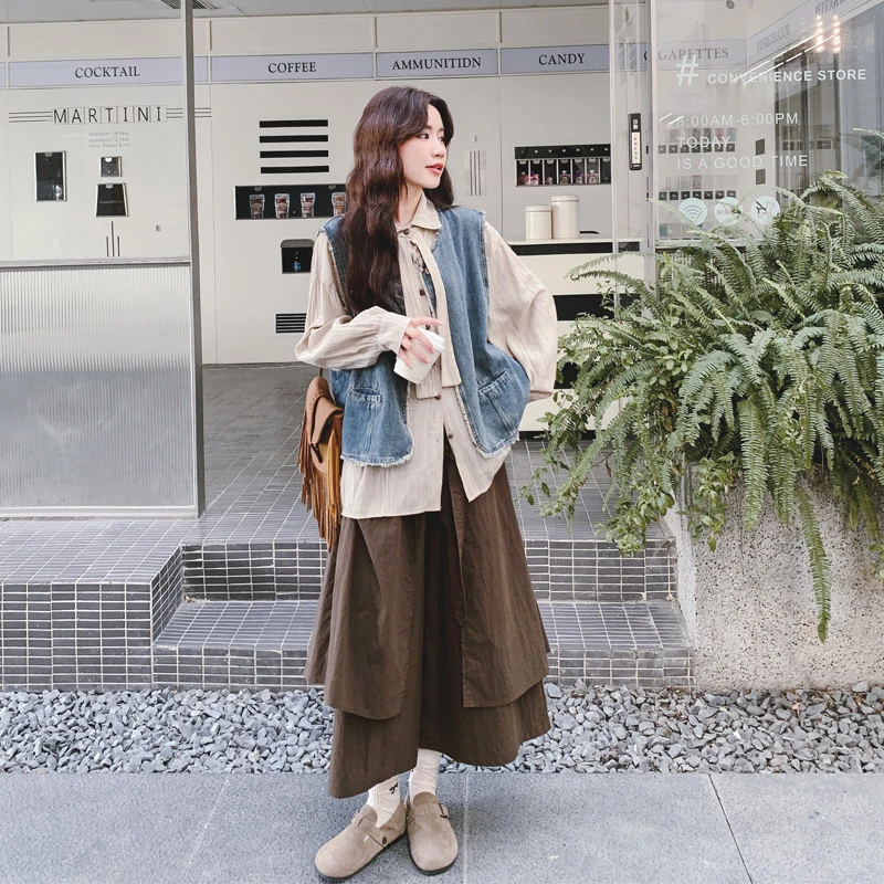 文艺范牛仔马甲衬衫半身裙套装2025春秋新款复古韩系ins风三件套