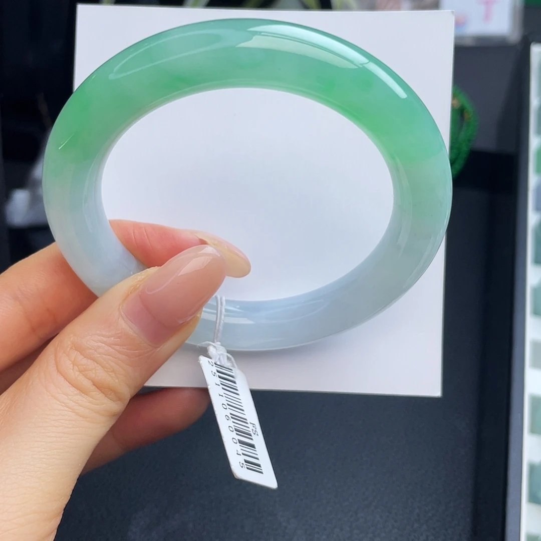 翡翠未镶嵌手镯51冰甜阳绿半山水圆条