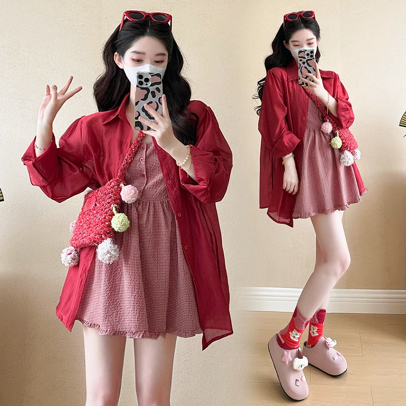 时髦孕妇装新款夏季甜美格子吊带裙网红气质显瘦洋气防晒衬衫套装