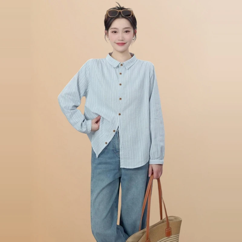慵懒蓝色条纹衬衫气质宽松韩版显瘦时尚复古休闲叠穿内搭上衣外套