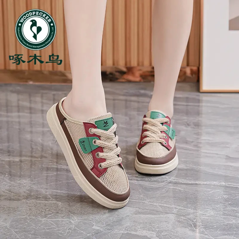啄木鸟2025新款夏季透气厚底休闲半托防滑网面凉拖鞋外穿学生女鞋