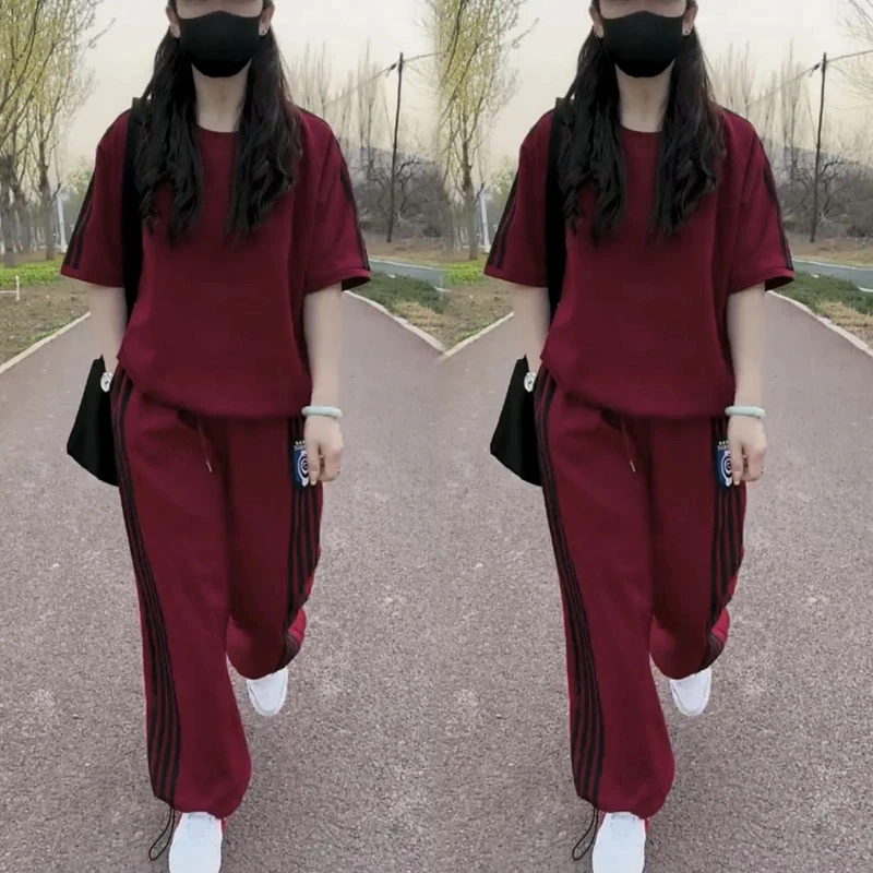 网红休闲运动套装女春夏季新款韩版宽松圆领短袖卫衣阔腿裤两件套