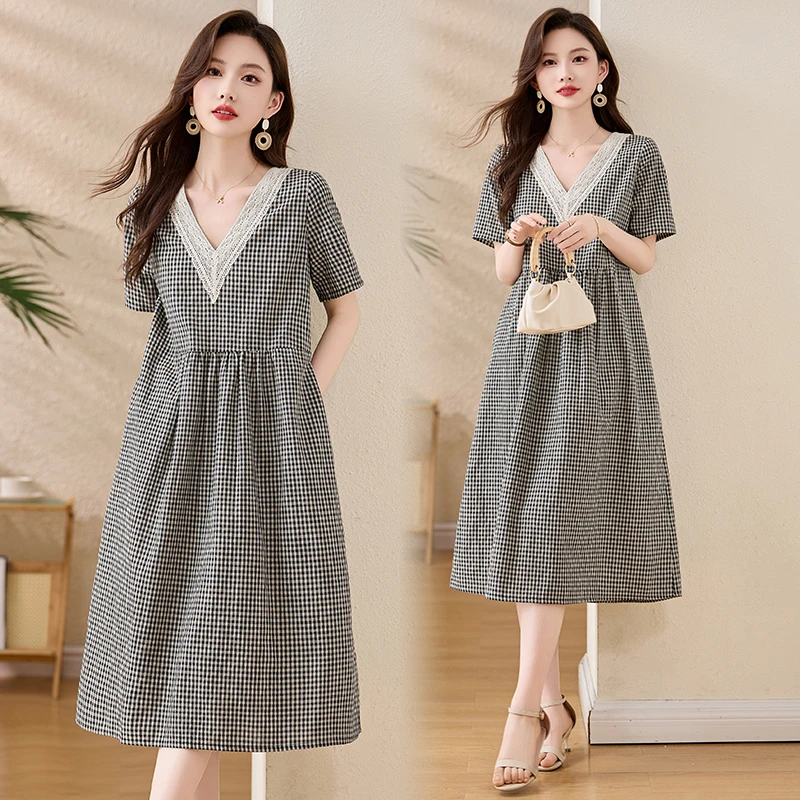 后妈裙2025新款爆款洋气裙子夏装宽松休闲小格子棉麻连衣裙大码女