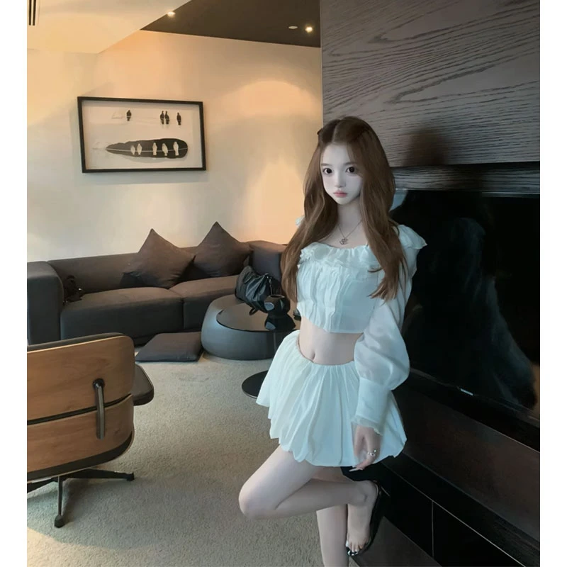 2025秋季新款chic网红减龄少女感短款荷叶边小衫上衣+花苞裙裤女