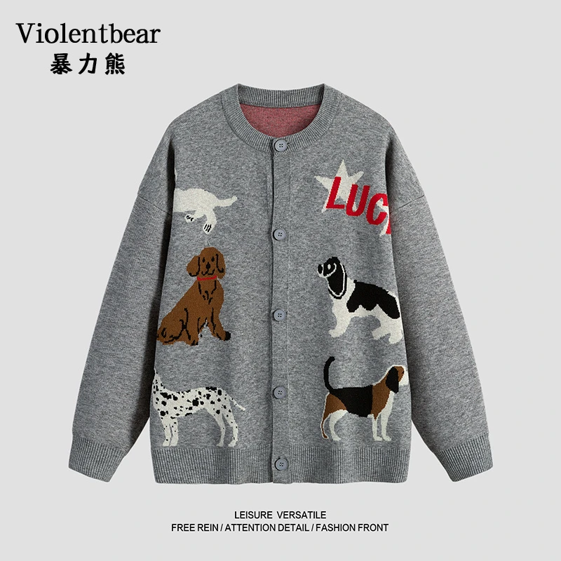 暴力熊2025冬季美式百搭刺绣潮牌针织开衫男女情侣装圆领毛衣外套