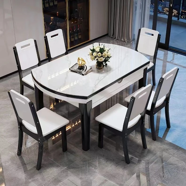 岩板餐桌椅组合家用小户型饭桌方圆俩用伸缩折叠现代简约实木