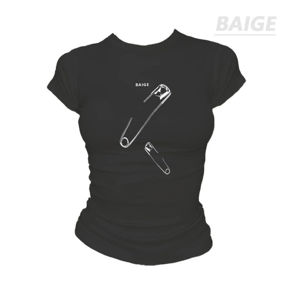 美式复古短袖t恤女2024夏季新款别针印花体恤宽松潮流半袖上衣ins