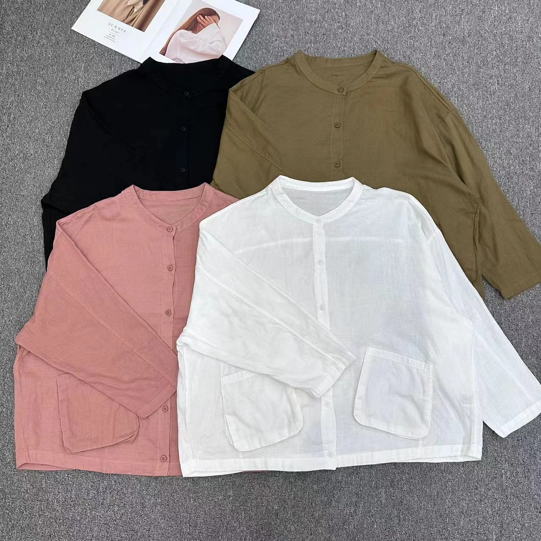 【周周家】5007濮院春季苎麻双口袋翻领透气长袖衬衫女百搭休闲气质