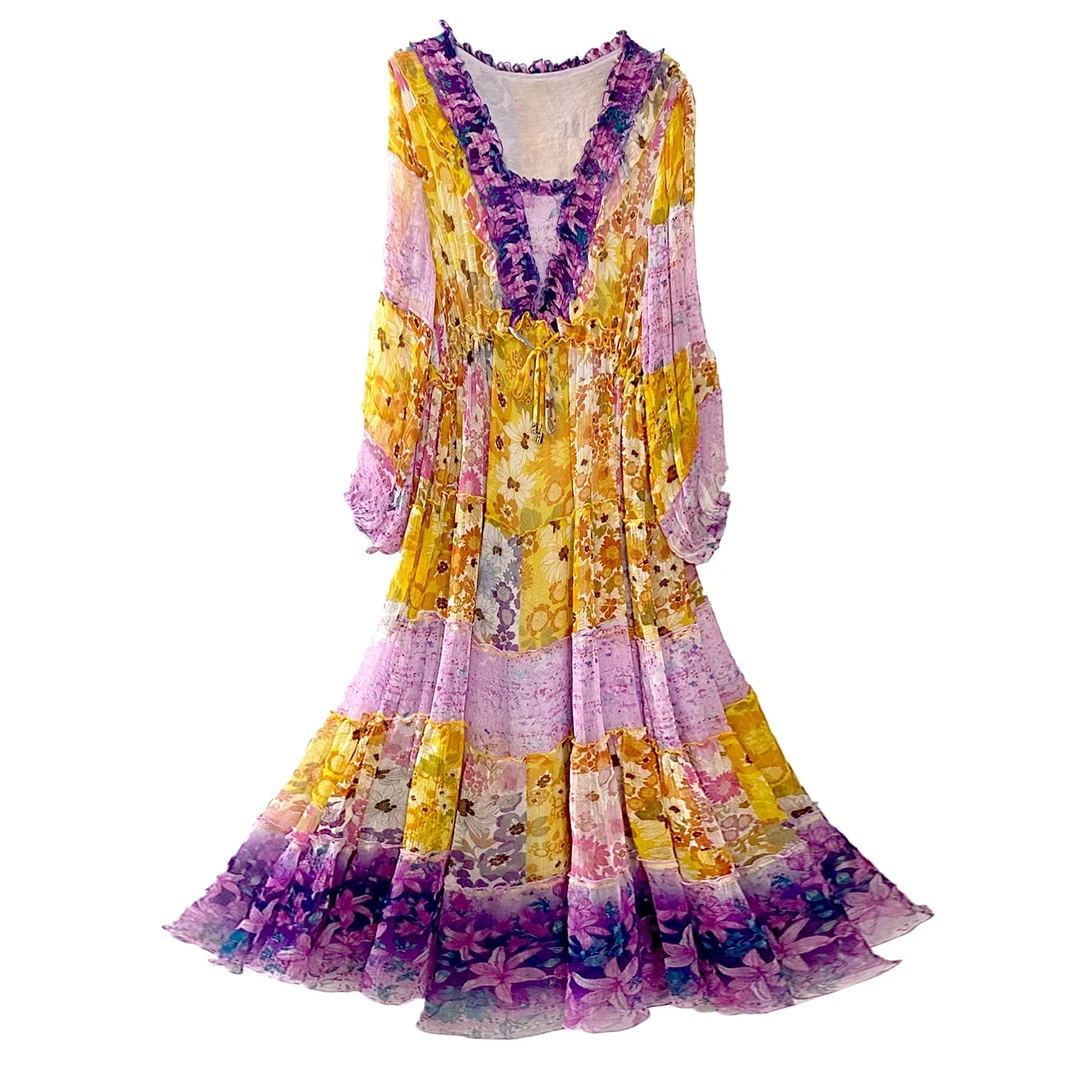 xx夏季2025新款高端印花真丝连衣裙宽松收腰绑定桑蚕丝长裙沙滩裙