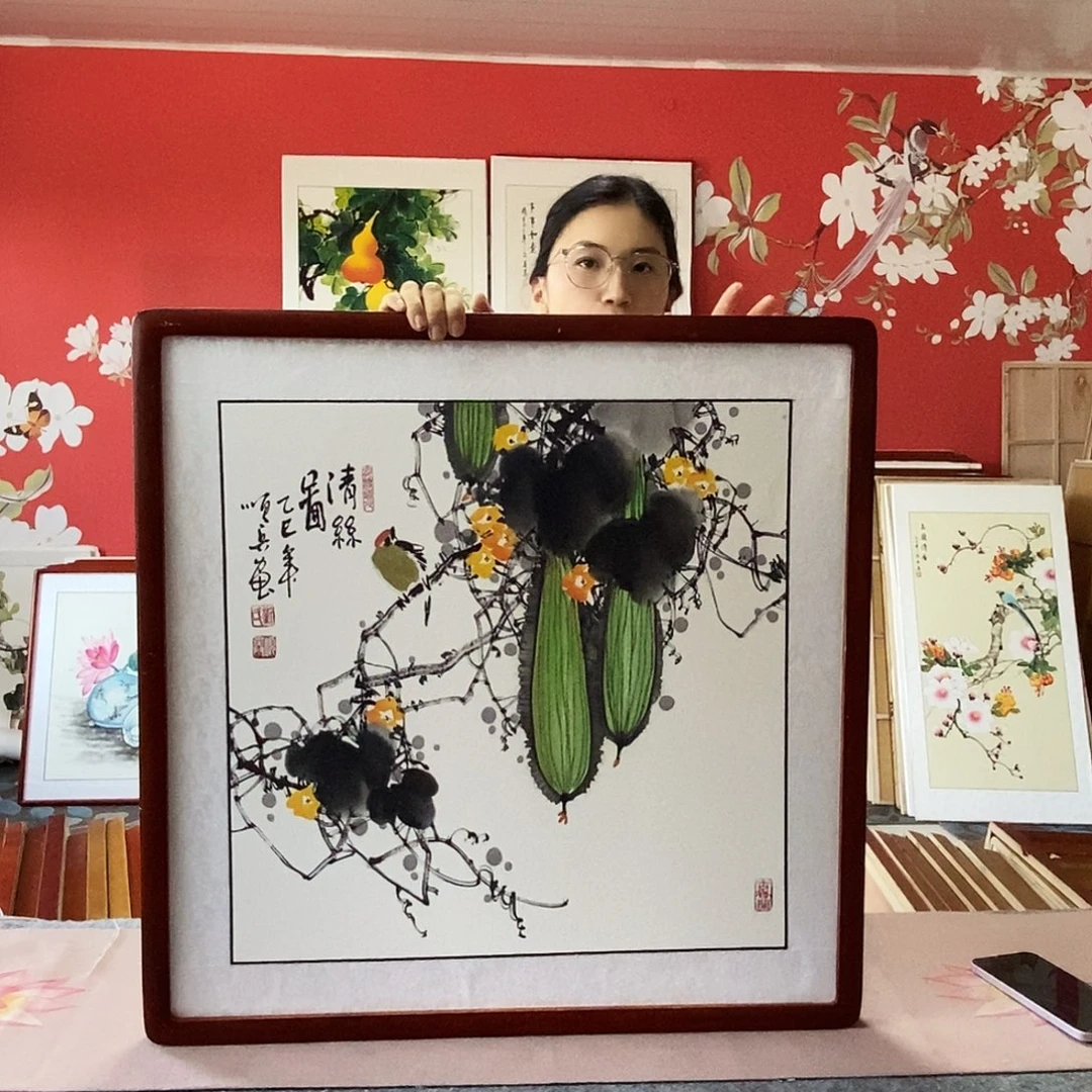 国画手写手绘国画作品带框包邮62✖️62