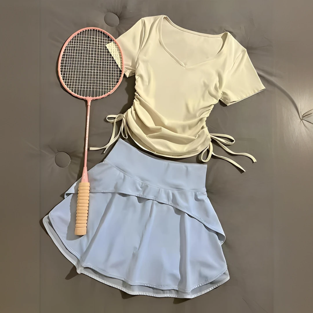 欧若风短袖辣妹T恤学生夏季修身型性感常规V领纯色高腰裙裤套装