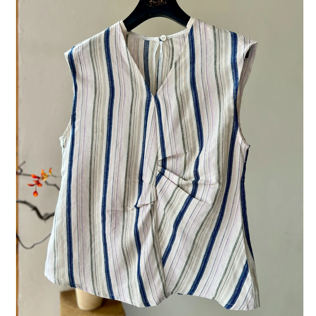 【以晴.高定】高端轻奢欧洲进口色织亚麻软垂设计师款无袖上衣舒适