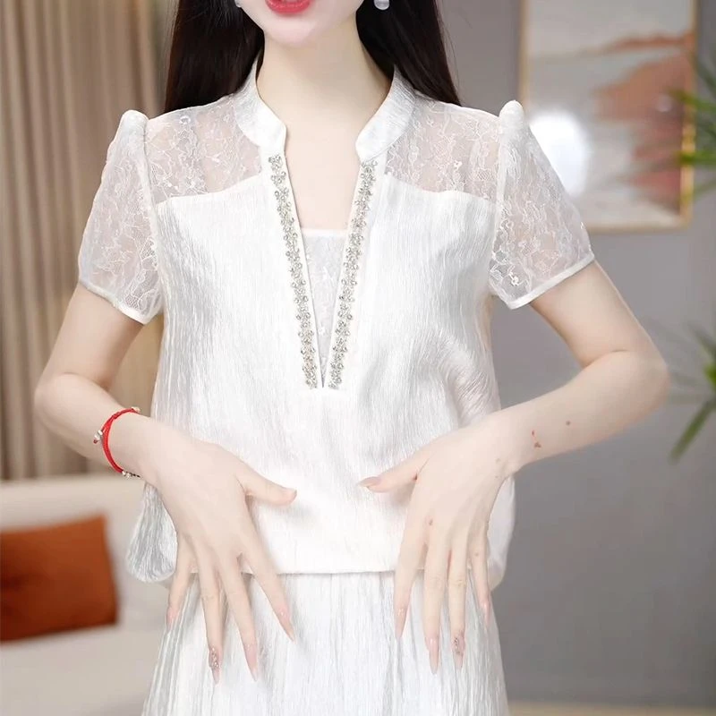 优雅气质夏季新款百搭套装时尚立体装饰蕾丝上衣休闲半身裙两件套