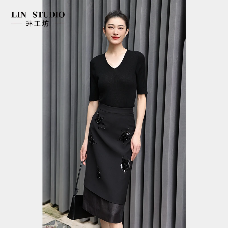 【法式高定手工钉珠】琳工坊“香意”黑色半裙气质优雅显瘦唐琳设计师