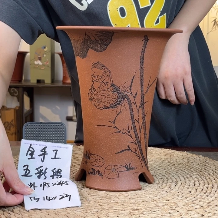 紫砂花盆 全手工五彩段束腰喇叭刻绘