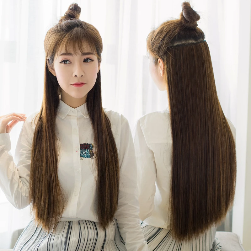 女士用一片式五卡高温丝直发片假发仿真无痕长直发自然发尾多色可