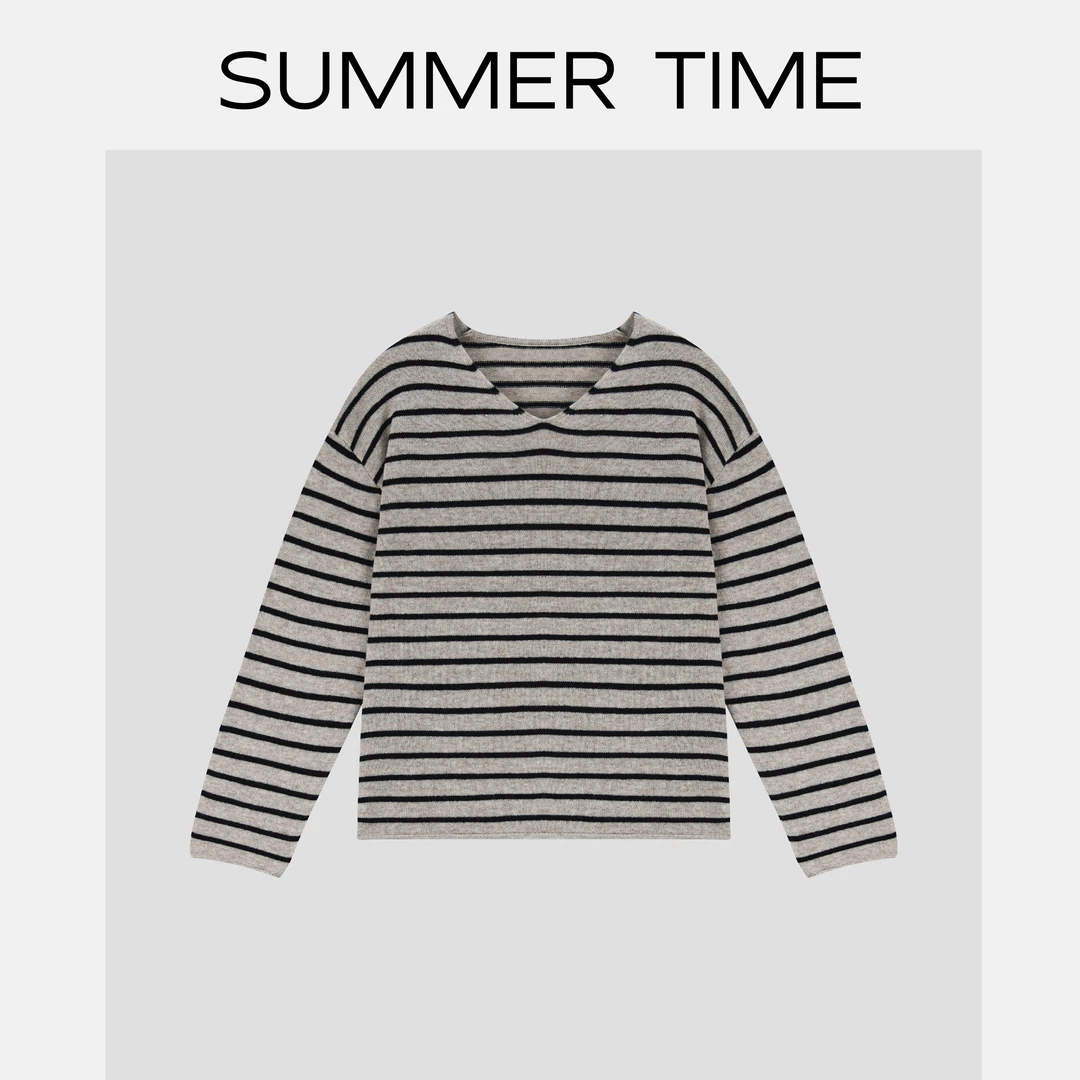 SUMMER TIME【云褶】慵懒休闲条纹针织衫女春秋轻薄V领宽松毛衣