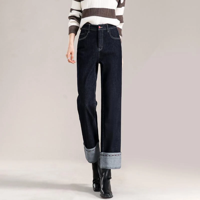 翻边直筒牛仔裤女小个子加绒秋冬爆款高腰显瘦九分休闲阔腿烟管裤