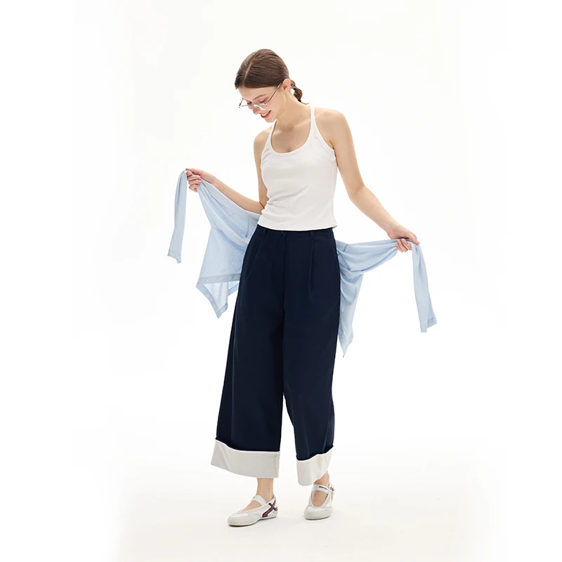 【 neck and neck 】“ 椰蓝朵朵  ” 设计感撞色翻边阔腿直筒裤