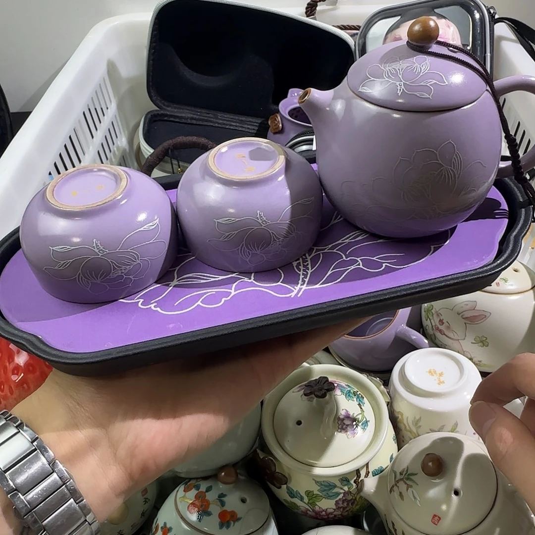 瓷片紫罗兰银莲花龙蛋一壶两杯带茶盘