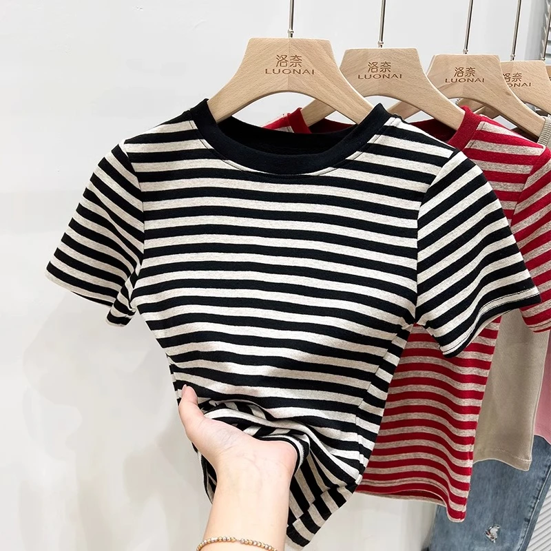 黑色条纹短袖t恤女夏季女装新款撞色小众设计感修身短款上衣女潮