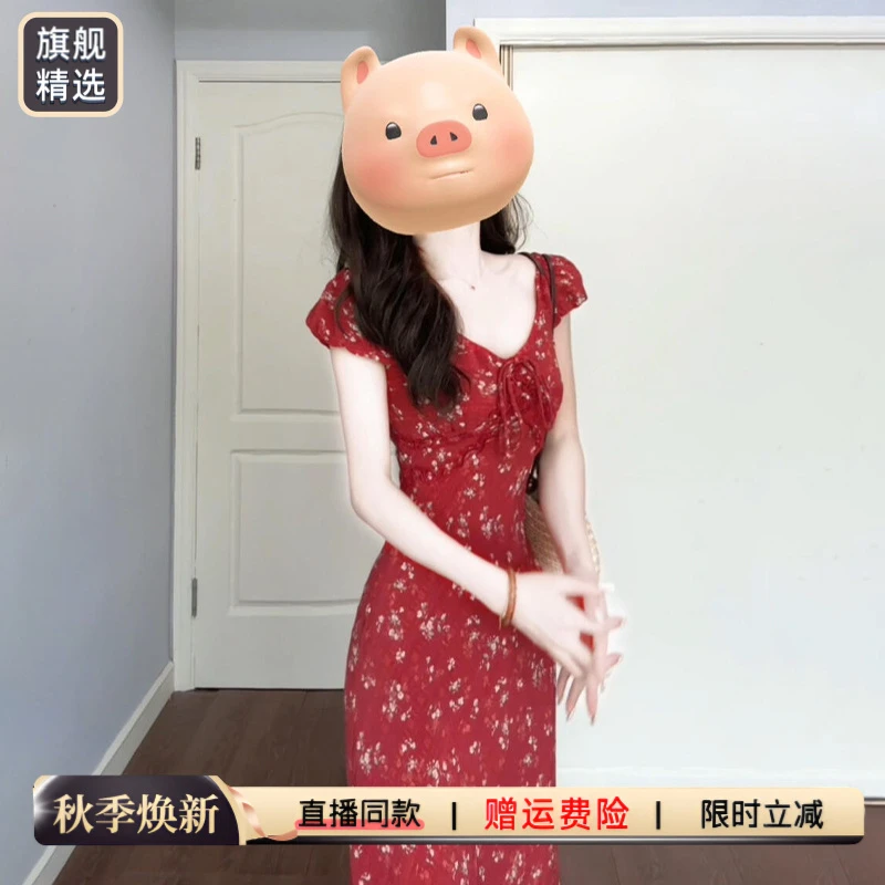 法式茶歇v领碎花连衣裙子女夏季2025新款度假风收腰碎花裙连衣裙