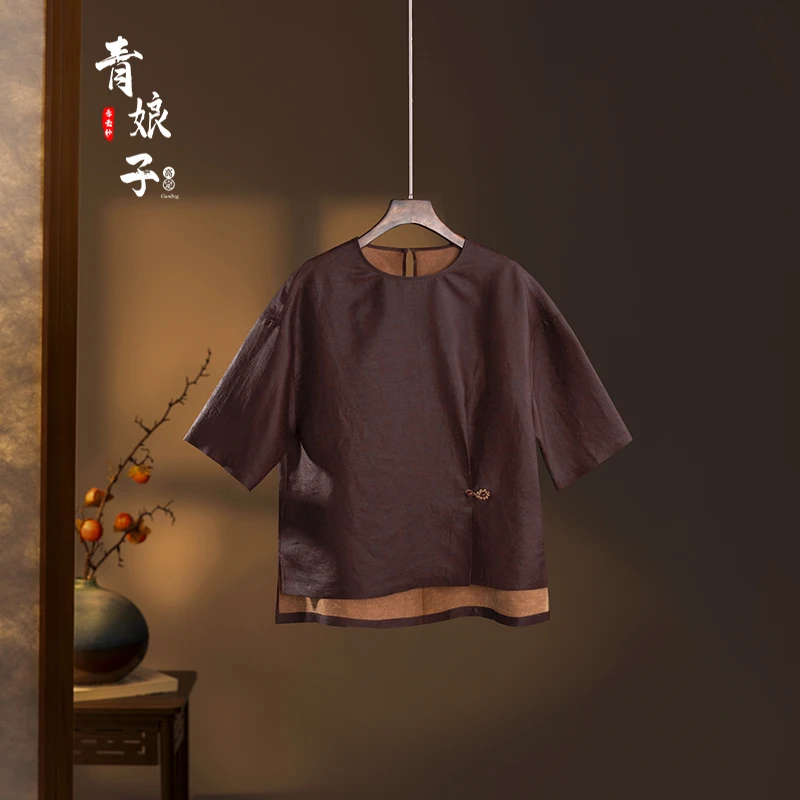 青娘子香云纱（洛尘）龟裂纹中式国风夏季百搭休闲圆领短上衣-60080