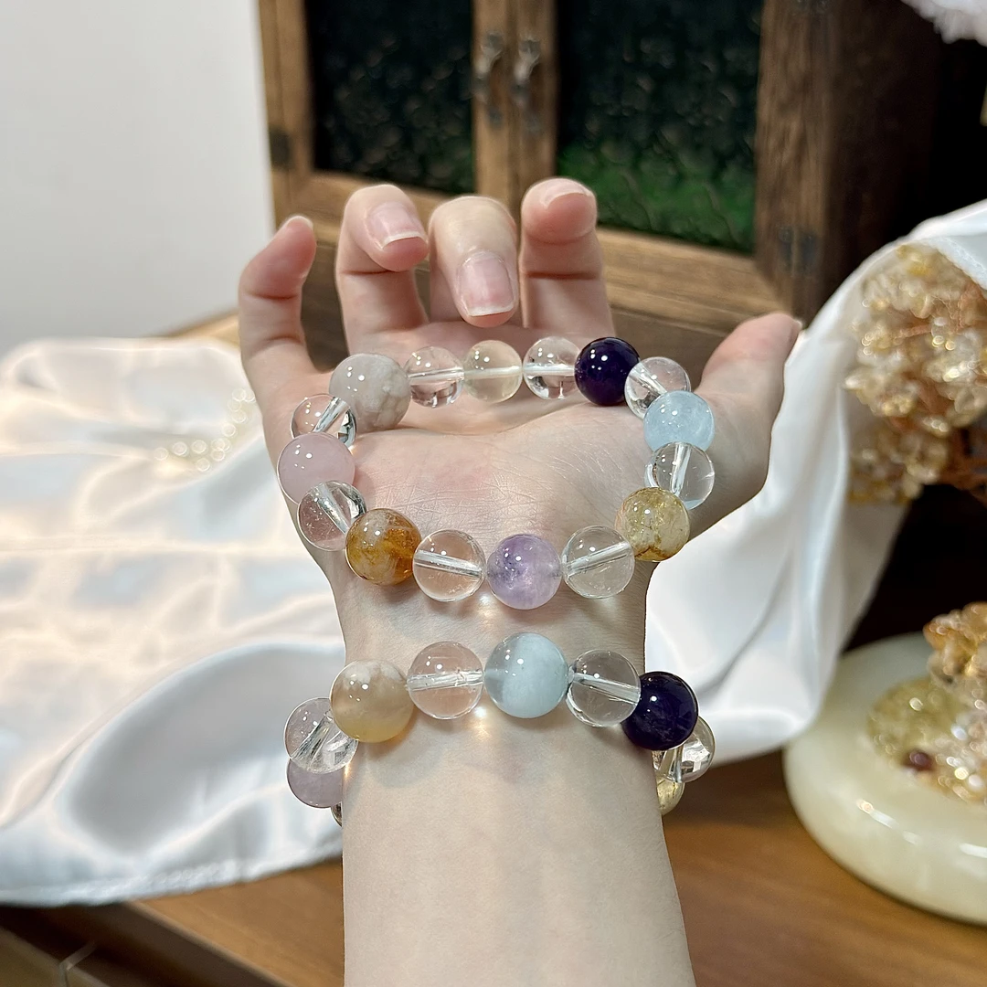 【应有尽有】多宝11mm紫黄白水晶+樱花玛瑙 手串原创设计天然水晶